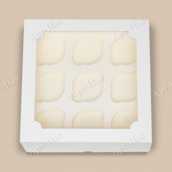 Коробка для Капкейков 250x250x100 9 шт белая с окном эконом АП